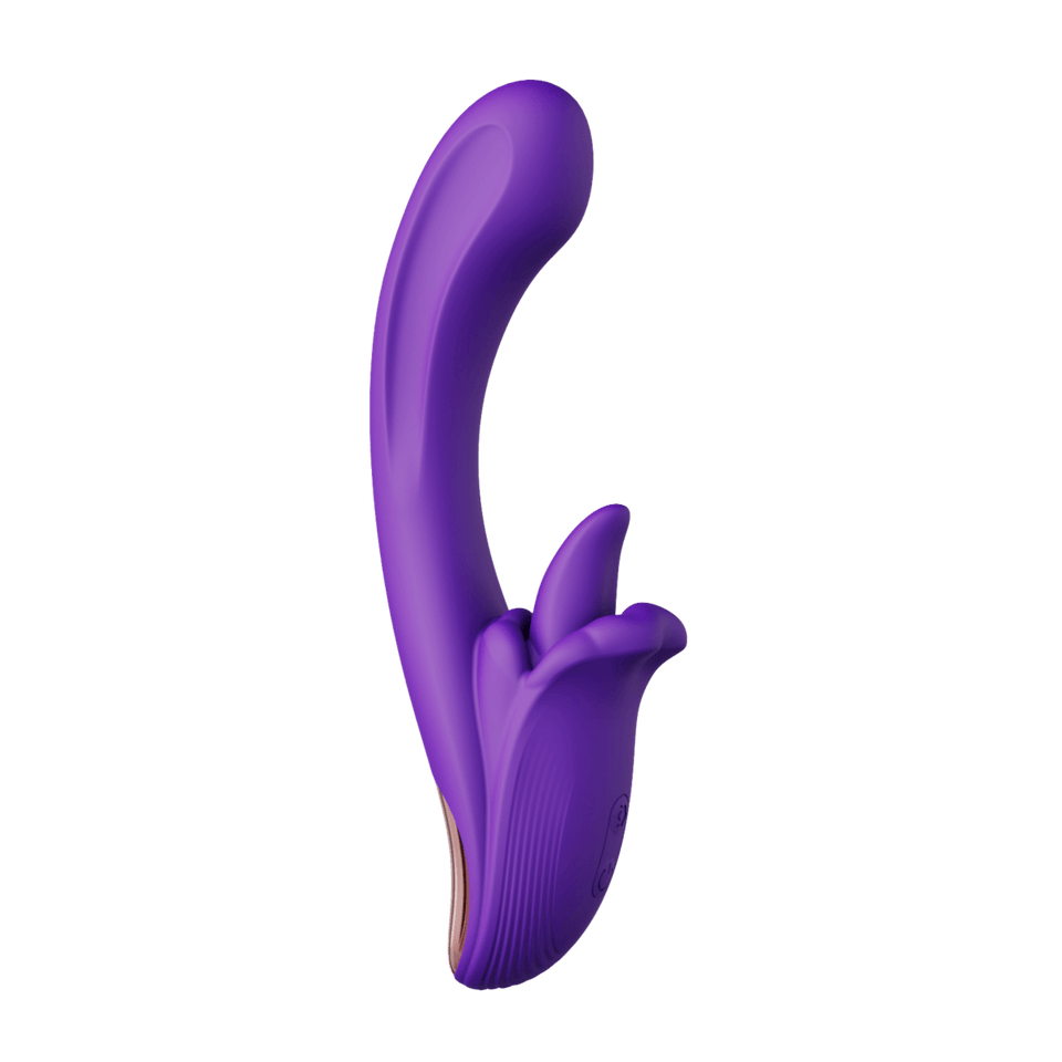 Purple Angel’s Kiss warming dual-zone vibrator, upright side view