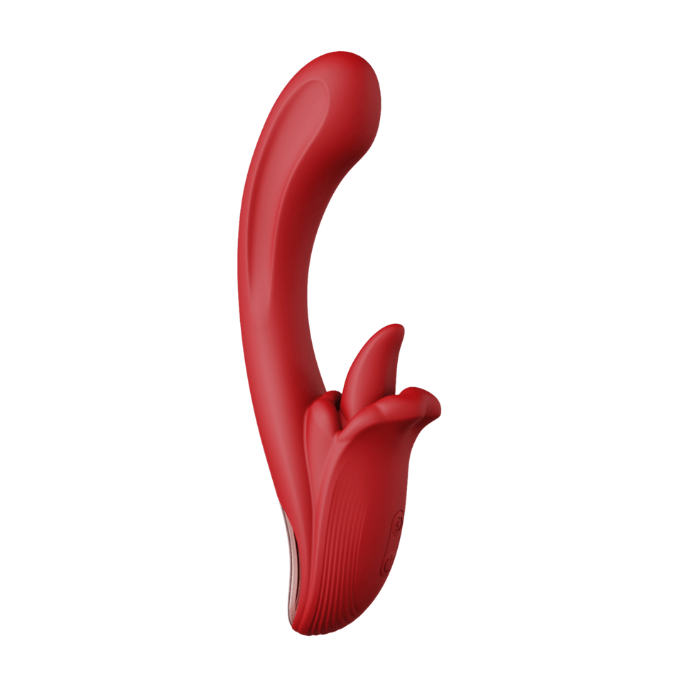 Red Angel’s Kiss warming dual-zone vibrator, upright side view