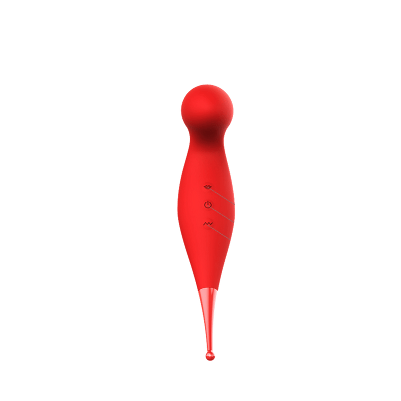 Red Bewitch suction vibrator, rear control view
