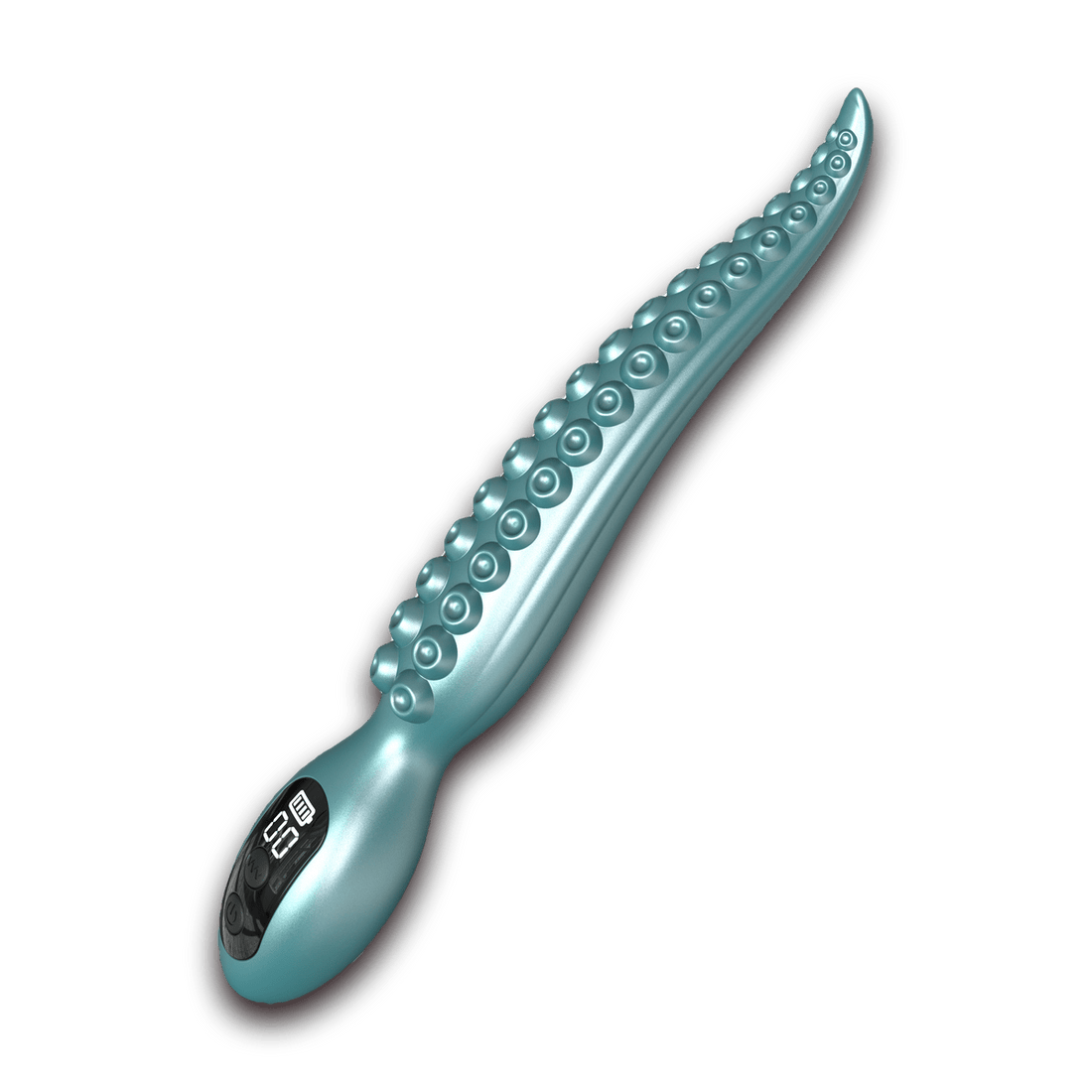 Teal Kraken liquid-silicone anal vibrator, front view with textured shaft and display
