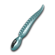 Teal Kraken liquid-silicone anal vibrator, front view with textured shaft and display