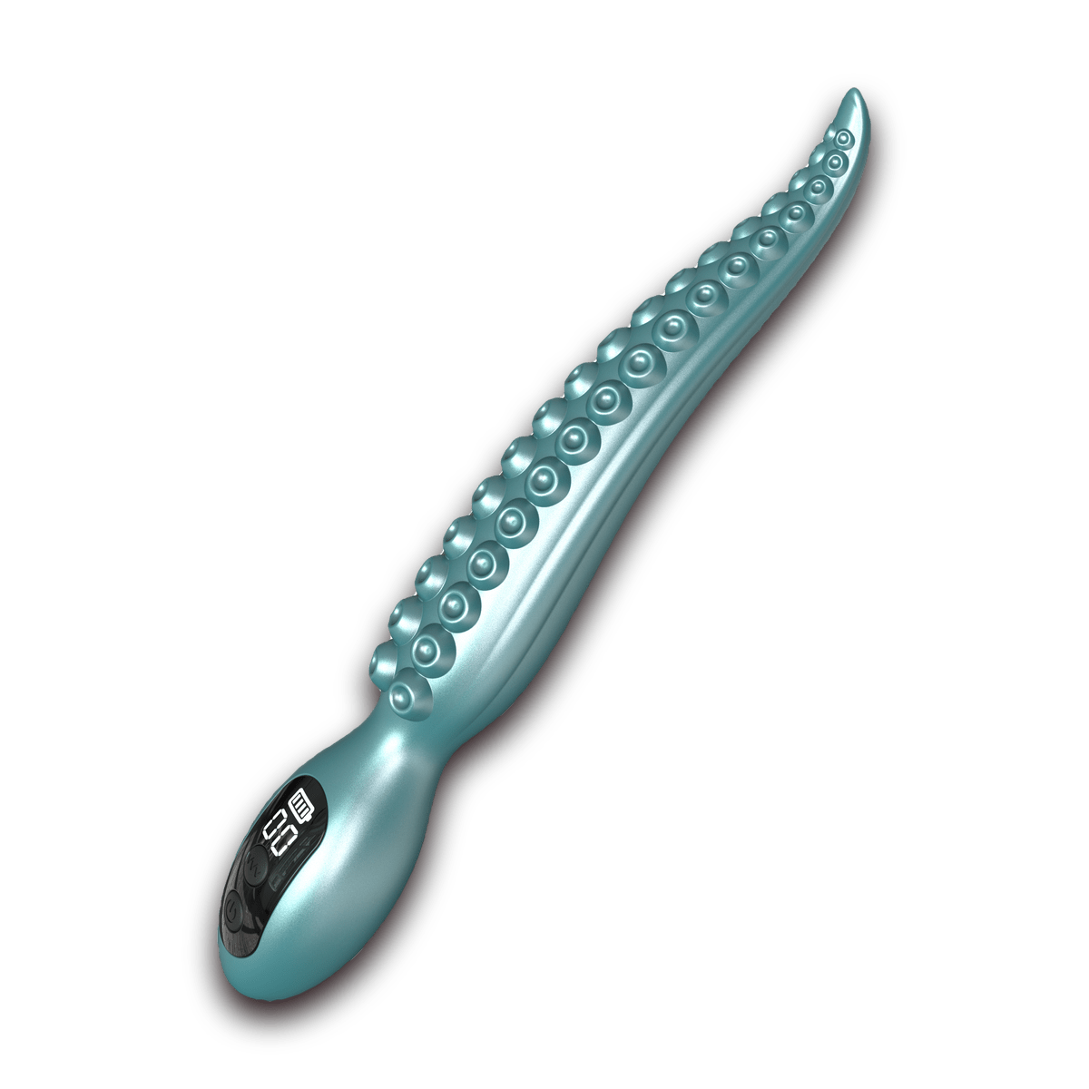 Teal Kraken liquid-silicone anal vibrator, front view with textured shaft and display