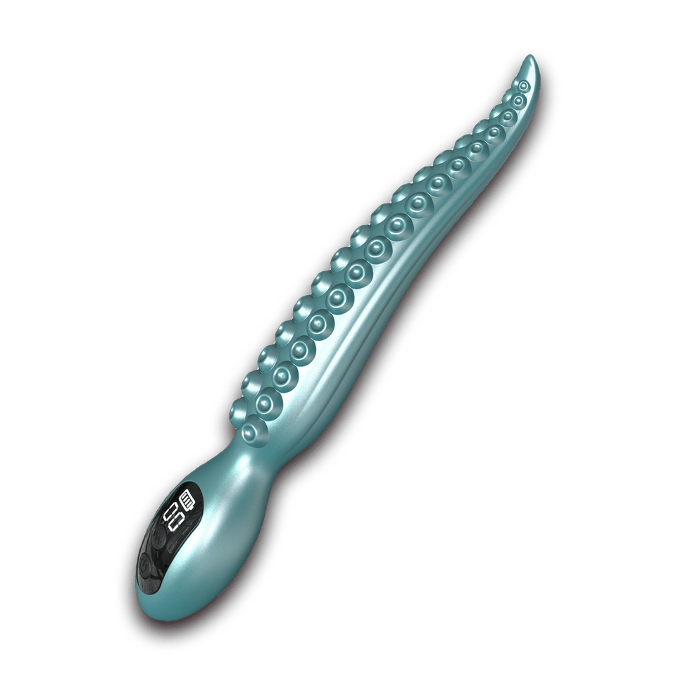 Teal Kraken liquid-silicone anal vibrator, front view with textured shaft and display