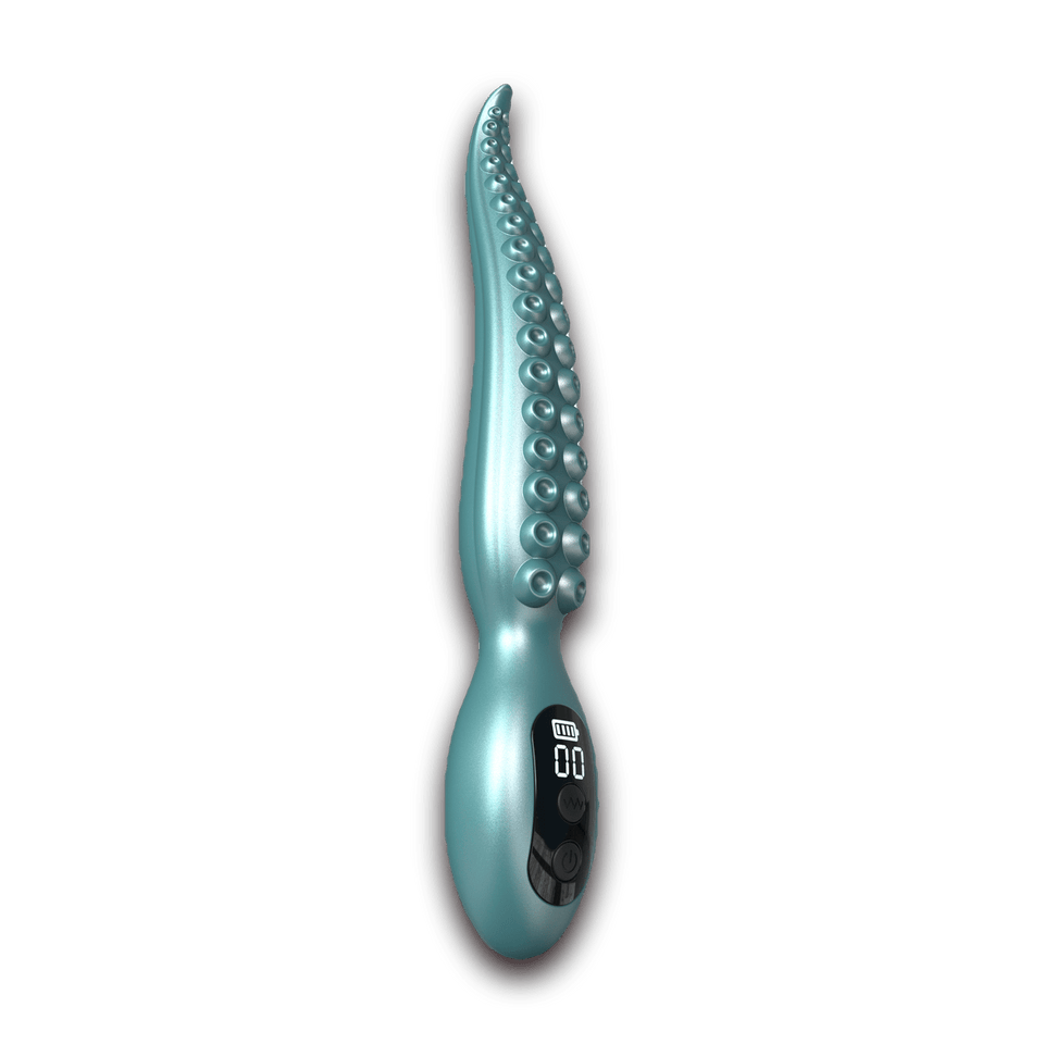 Teal Kraken anal vibrator, front control view with textured shaft and display