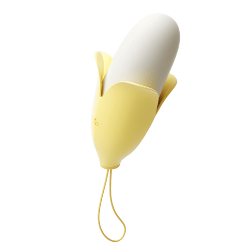 Yellow and white Little Banana wearable vibrator, front three-quarter view
