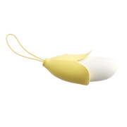 Yellow and white Little Banana wearable vibrator, curved side profile with pull cord