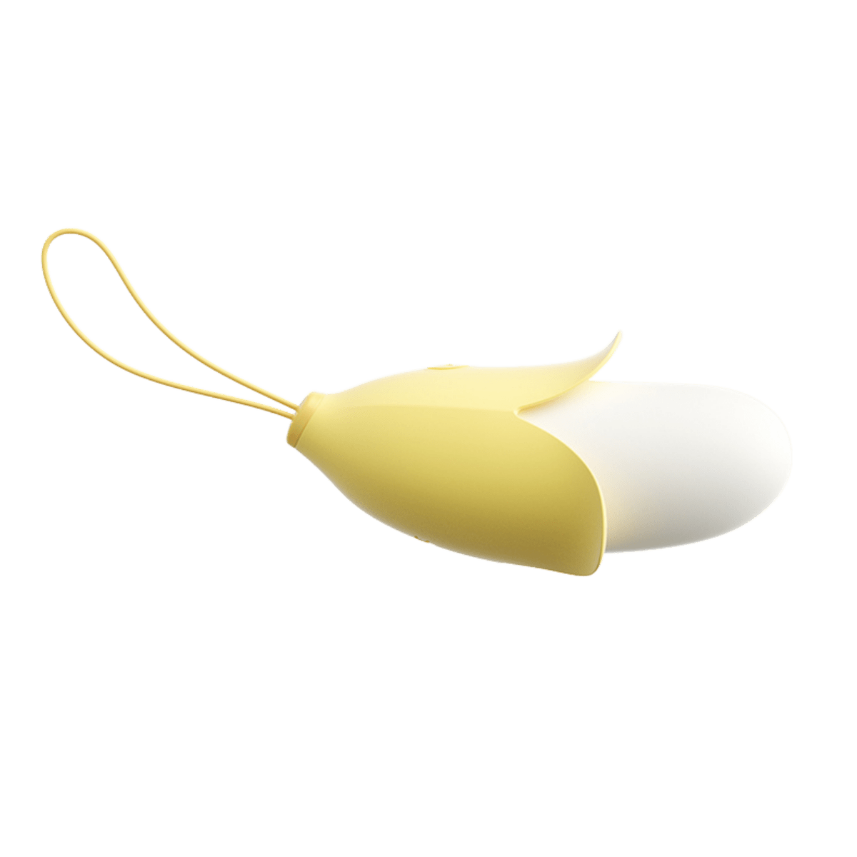 Yellow and white Little Banana wearable vibrator, curved side profile with pull cord