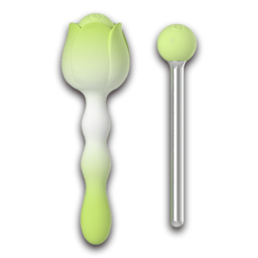 Green Mini Rose pinpoint vibrator with silicone flower cover beside the slim steel shaft