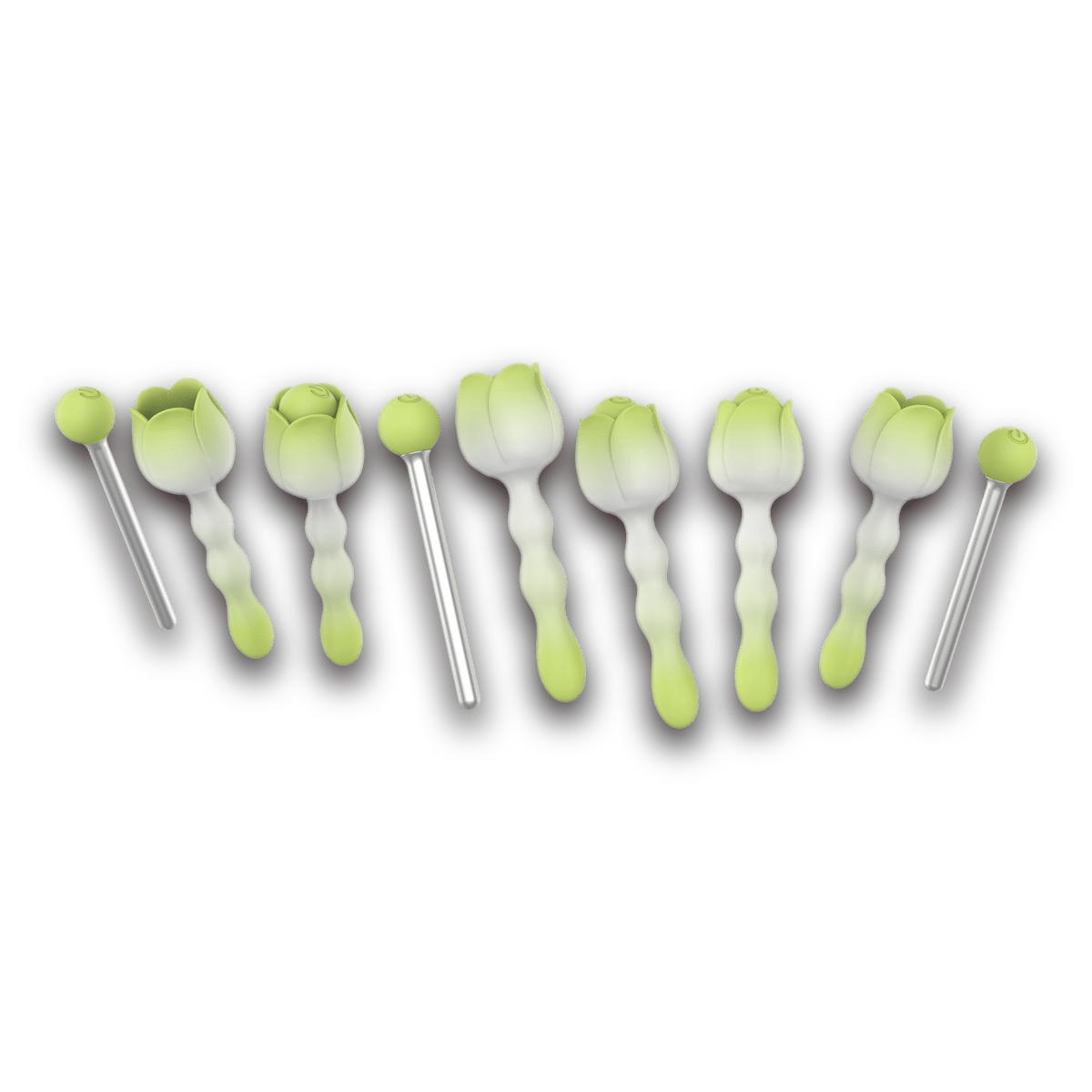 Green Mini Rose pinpoint vibrator and slim steel shaft shown from multiple angles