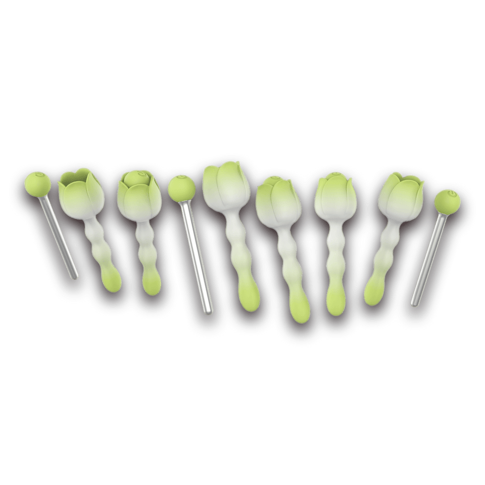 Green Mini Rose pinpoint vibrator and slim steel shaft shown from multiple angles